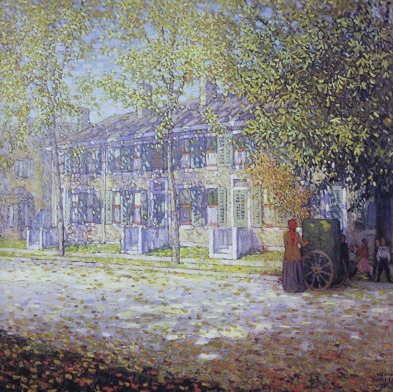 May include: A painting of a row of houses with green shutters and a tree in the foreground. The houses are painted in shades of blue and white. There are people walking in front of the houses.