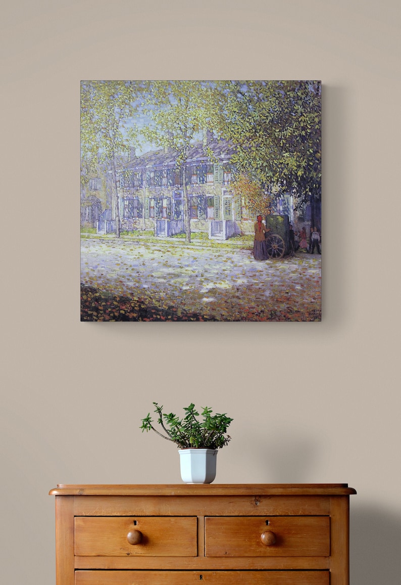 May include: A painting of a street scene with a row of houses in the background. The houses are painted in shades of blue and white, and there are trees in front of them. There are people walking on the street, and a horse-drawn carriage is parked in front of the houses.