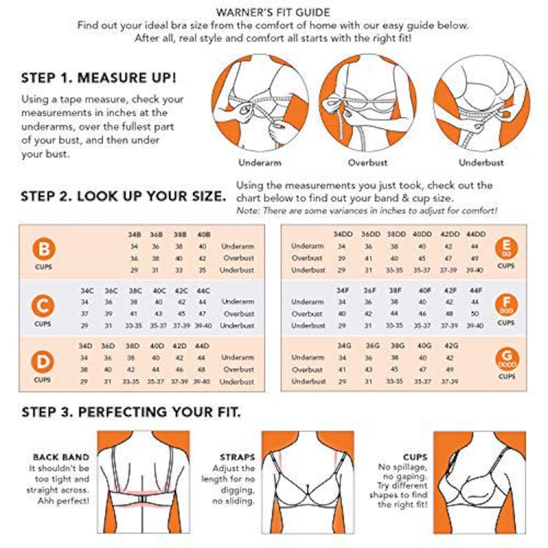 May include: A bra fitting guide with diagrams and charts. Instructions are provided for measuring underarms, overbust, and underbust in inches. Charts are included to determine band and cup sizes for a comfortable fit.