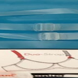 Puede incluir: Tirantes de sujetador transparentes y ajustables con hebillas de pl&aacute;stico. Los tirantes est&aacute;n sobre una superficie azul junto a un diagrama de sujetador.