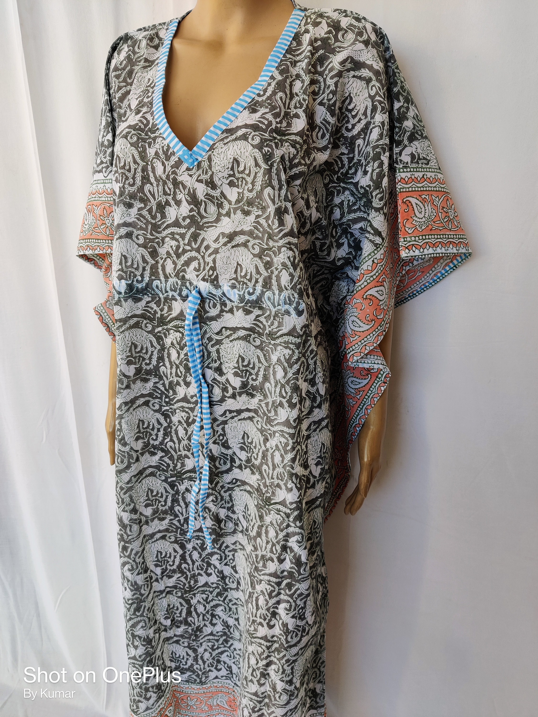 Cotton Indian Handmade Block Print Long Kaftan Beach Dress Floral Nighty Gown