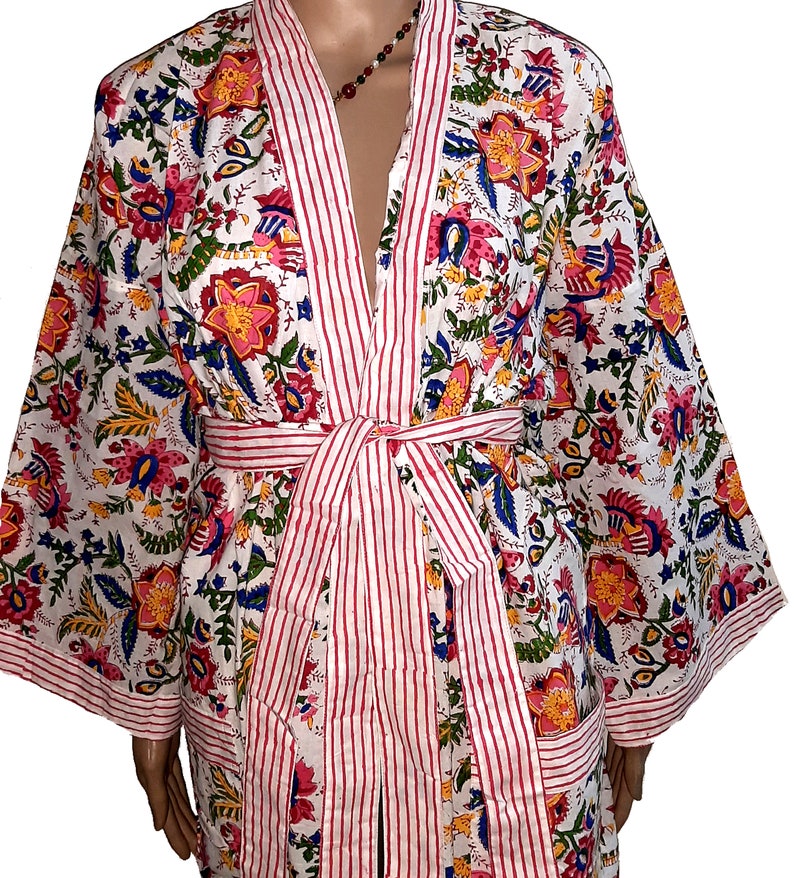 Indian Cotton Kaftan Night Cover up Beach Maxi Hand Block Print Kurta Party Dressing Gown Tunic Long Robe Top Boho Plus Size Vintage Kimono