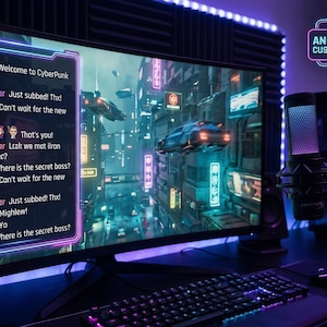 May include: A gaming setup with a large monitor showing a cyberpunk cityscape with flying vehicles and chat messages. A microphone, keyboard, and mouse are visible. The scene is lit with purple and blue lights. The monitor is approximately 76 cm wide.