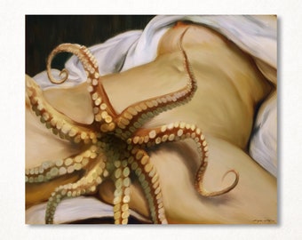 Gustave Courbet's "The Origin of the World," a parody in octopus form, a limited edition, signed fine art print available in several sizes for wall decoration.