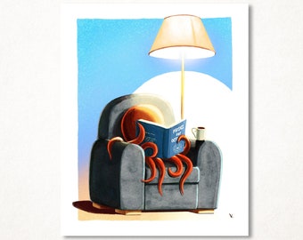 Octopus reading a book at home, limited edition fine art print, signed and available in several sizes for wall decoration