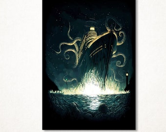 The danger comes from the sea, Lovecraftian illustration, limited edition signed art print in various sizes for wall decoration