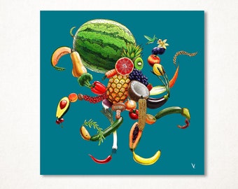 Giuseppe Arcimboldo tutti frutti, parody octopus version in limited and signed fine art print in several formats for wall decoration