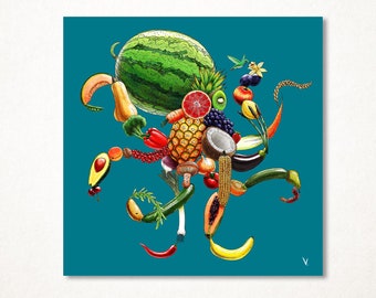 Giuseppe Arcimboldo tutti frutti, parody octopus version in a limited edition, signed fine art print available in several sizes for wall decoration