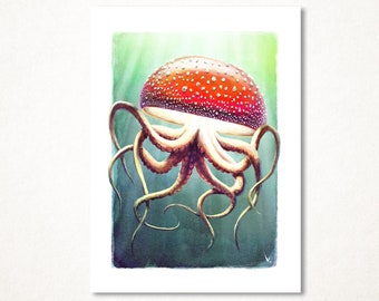 Amanita muscaria mushroom, octopus version, limited edition and signed art print available in several sizes for wall decoration
