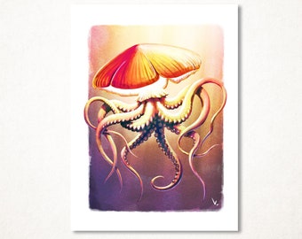 Mushroom octopus version, limited edition and signed art print available in several sizes for wall decoration