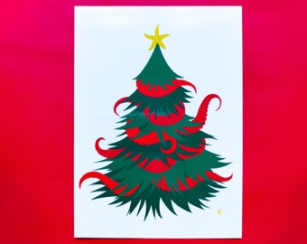 Drawing of a tentacled Christmas tree in octopus form on a postcard