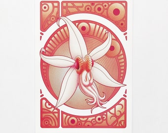 An orchid parodied in octopus like Alfons Mucha, in a postcard to collect