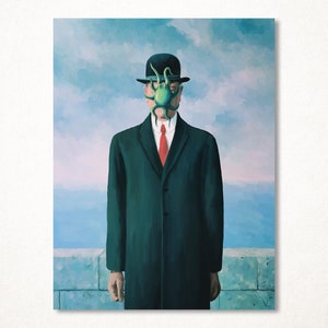 May include: A painting of a man in a black suit and hat, standing in front of a wall. His face is obscured by a green, tentacled creature.