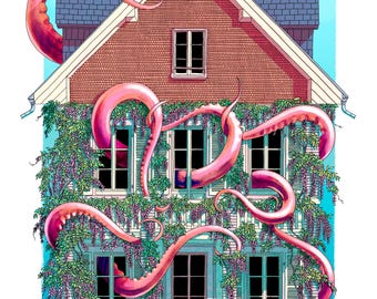 The House with Wisteria, Octopus Version, Art Print for Wall Decoration