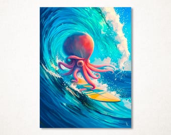 The Surfing Octopus, a limited edition, signed fine art print available in several sizes for wall decoration