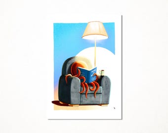 Chilling octopus, relaxation and relaxation of the octopus that reads at home