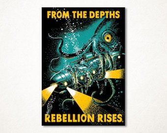 Rebellion Rises, giant anti-imperialist squid, limited edition and signed fine art print in several sizes for wall decoration