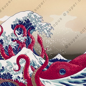 May include: A red and blue illustration of a giant octopus emerging from a large wave. The octopus has large, round eyes and is depicted with many tentacles. The wave is depicted in a traditional Japanese style with a blue and white color scheme. The text "神奈川沖浪裏" is written in Japanese characters at the top left of the image.