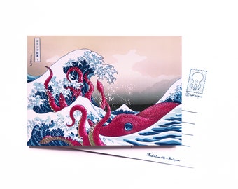 北斎の「神奈川沖浪裏」をタコ絵葉書としてパロディ化 - Etsy 日本