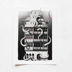 La maison Kammerzell en Alsace, revisitée avec un poulpe en carte postale