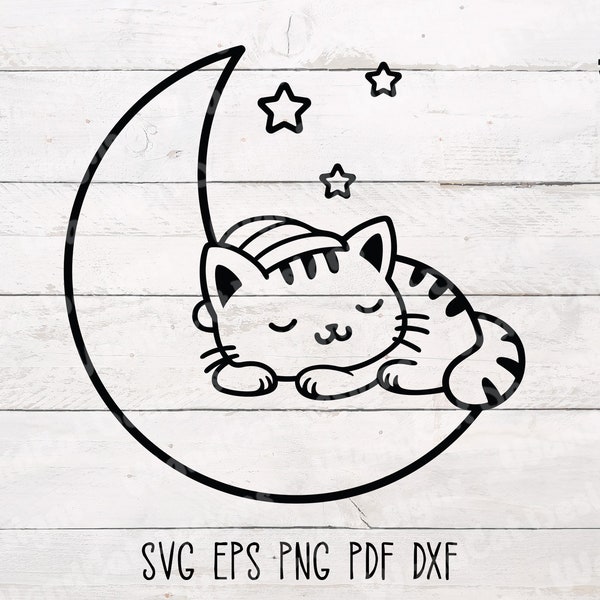 Cute Sleeping Cat on Moon SVG, Napping Cat svg, Kitten svg, Cute Cat svg, Kitty Cut File for Cricut and Silhouette, Instant download