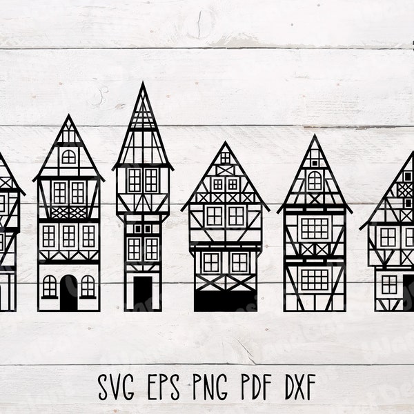 Haus SVG, Fachwerkhäuser SVG, deutsches Haus, Holzrahmen-Gebäude, Dateien für Cricut und Silhouette, sofort Download