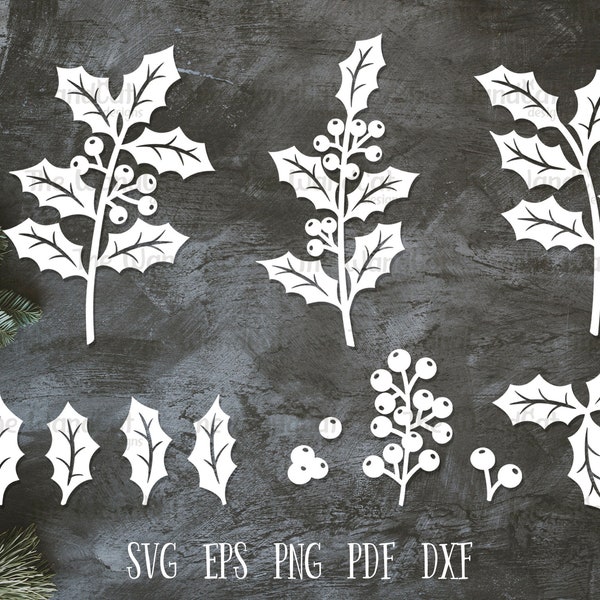 Holly Leaves Svg Cut File, Berries Holly Branch Svg, Christmas Holly svg,  Files for Silhouette and Cricut, Instant Download