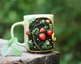 Handmade Strawberry Cottagecore Mug: Whimsical Ceramic Tea Cup
