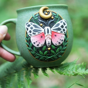 Tiger moth witchy cauldron mug, moon mug witchy gifts, handmade ceramic mug, magic witch woman gift, witchy herbs mug, enchanted forest