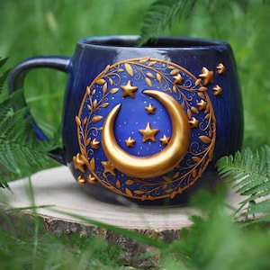Moon handmade ceramic mug, witch brew mug, cauldrond coffee mug, half moon pottery mug with stars, space aesthetic mug, witchy woman gift