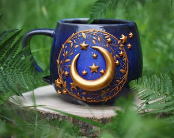 Moon handmade ceramic mug, witch brew mug, cauldrond coffee mug, half moon pottery mug with stars, space aesthetic mug, witchy woman gift