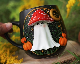 Halloween Ghost Mug: Handmade Ceramic Cauldron Mug with Polymer Clay Decor