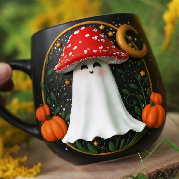 Halloween Ghost Mug: Handmade Ceramic Cauldron Mug with Polymer Clay Decor