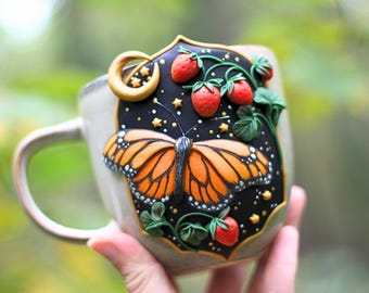 Handmade monarch butterfly mug, cottagecore whimsical ceramic custom coffee cup