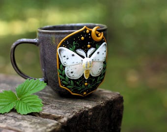 Handmade ceramic mug with white moth, fantasy cottagecore cup for tea