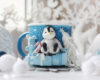 Penguin mug ceramic handmade, holiday Christmas coffee mugs