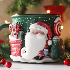 Caneca de cerâmica feita à mão com Papai Noel, caneca de Natal com gnomo, caneca de cerâmica com Papai Noel, caneca de cappuccino, canecas de chocolate quente para o feriado, xícara de Natal fofa