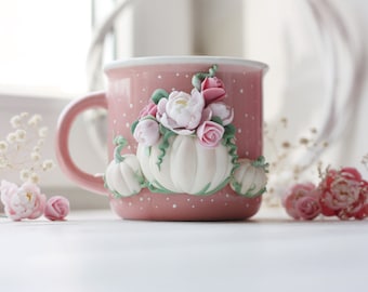 Pink pumpkin handmade mug, pastel ceramic mug with 3D flowers and pumpkins