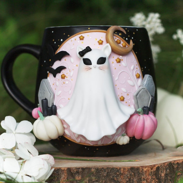 Ghost mug handmade pastel halloween, cauldron spooky mug, pink halloween pumpkin mug, cottagecore fall mug, magic witch mug, witchy gift