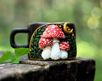 Handmade mug with mushroom, ceramic witchy tea cup