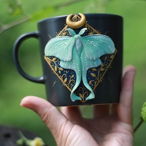 Luna moth mug, witchy mug, cottagecore handmade mug, magic moon gift, witchy home decor for woman gift, butterfly mug, dark cottagecore