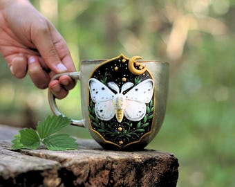 Handmade Moth Mug, Cottagecore Whimsical Ceramic Coffee Cup