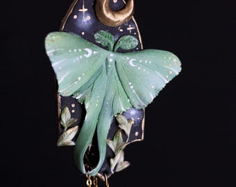 Luna moth necklace, crescent moon pendant, pearl drop, hand painted night sky jewelry
