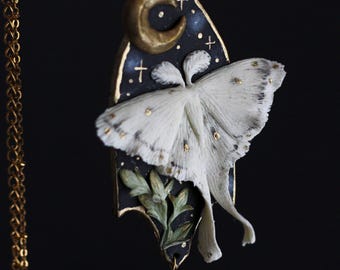 White luna moth necklace with crescent moon, celestial starry sky & pearl drop pendant