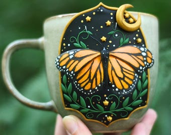 Handmade monarch butterfly mug, cottagecore whimsical ceramic custom coffee mug