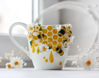 Honeycomb mug, bee mug, honey bee mug, end of year teacher gift, 70th birthday gift, mugs handmade, bee lover gift, milk mug