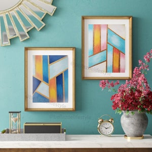 Fractured Sky Art - Abstract Original Art  9&quot; x 12&quot;- Geometric Acrylic Art Blue, Orange & Gold Art -