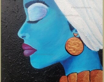 Queen Blue African Acrylic Portrait Art|8" x 10.5" Blue Portrait African Woman Art| African Woman Art