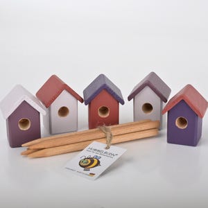 Könnte beinhalten: Fünf Miniatur-Vogelhäuschen aus Holz in verschiedenen Farbtönen von Lila, Rot und Grau, mit einem kleinen Loch an der Vorderseite jedes Häuschens. Die Vogelhäuschen sind in einer Reihe auf einer weißen Oberfläche angeordnet, mit drei Holzstiften davor. Ein kleines Schild mit dem Text "Hummelbude" und einer Comic-Biene ist im Vordergrund sichtbar.