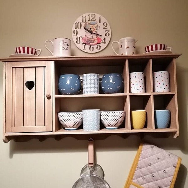 Wall Shelf with Cupboard, Shelves & Hooks (Wood Organizer)